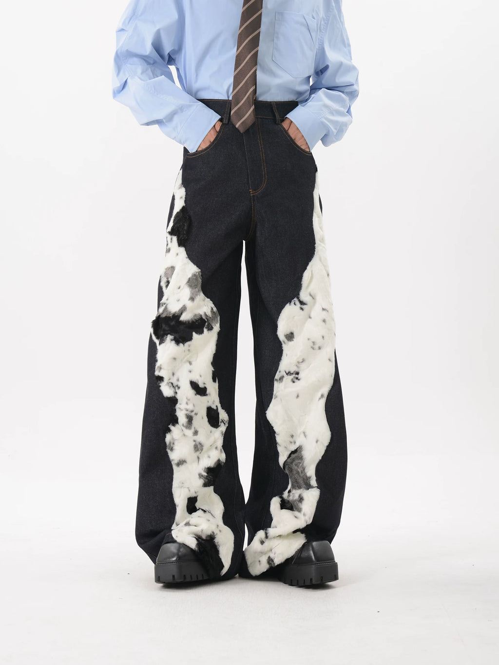 LUCE GARMENT Stitched Plush Wide-leg Jeans
