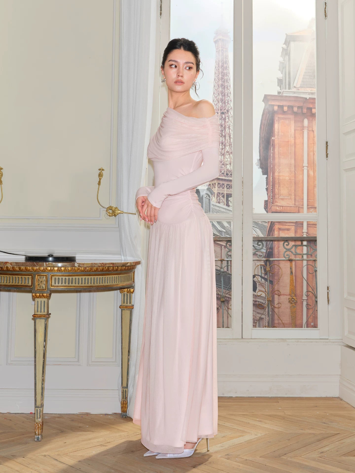 J TheChosen Mesh Slash Shoulder Wrinkle Skirt Knitted Dress