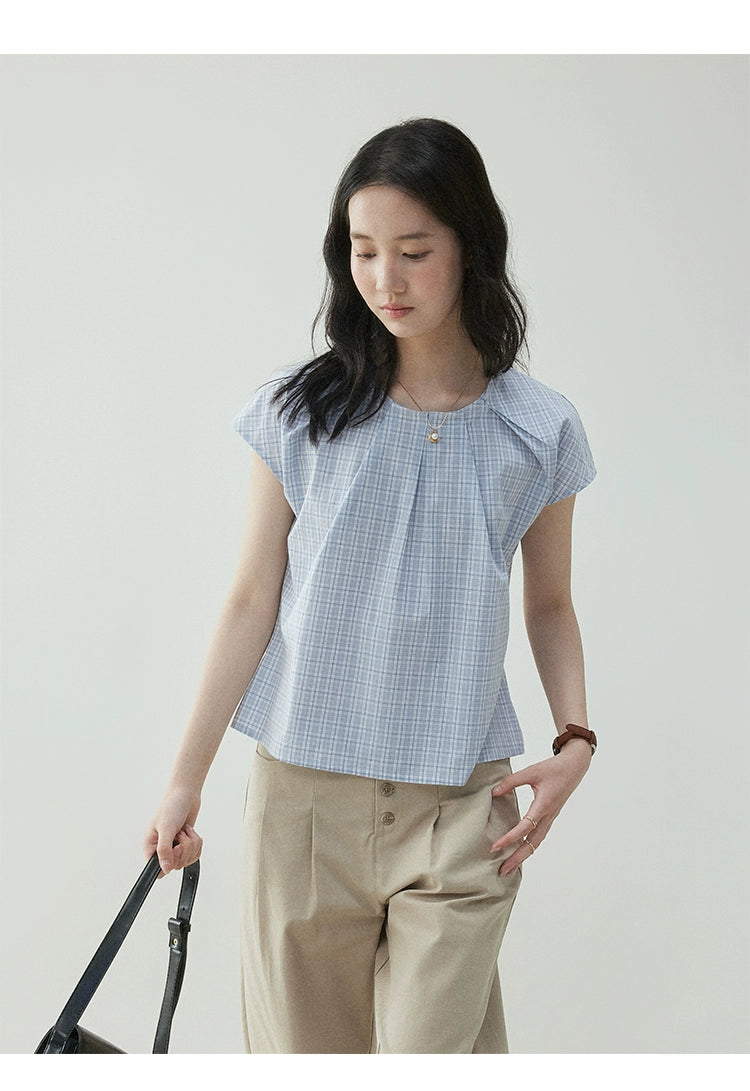 VOOE Contrast Checked Pleated Loose Fly Sleeve Shirt
