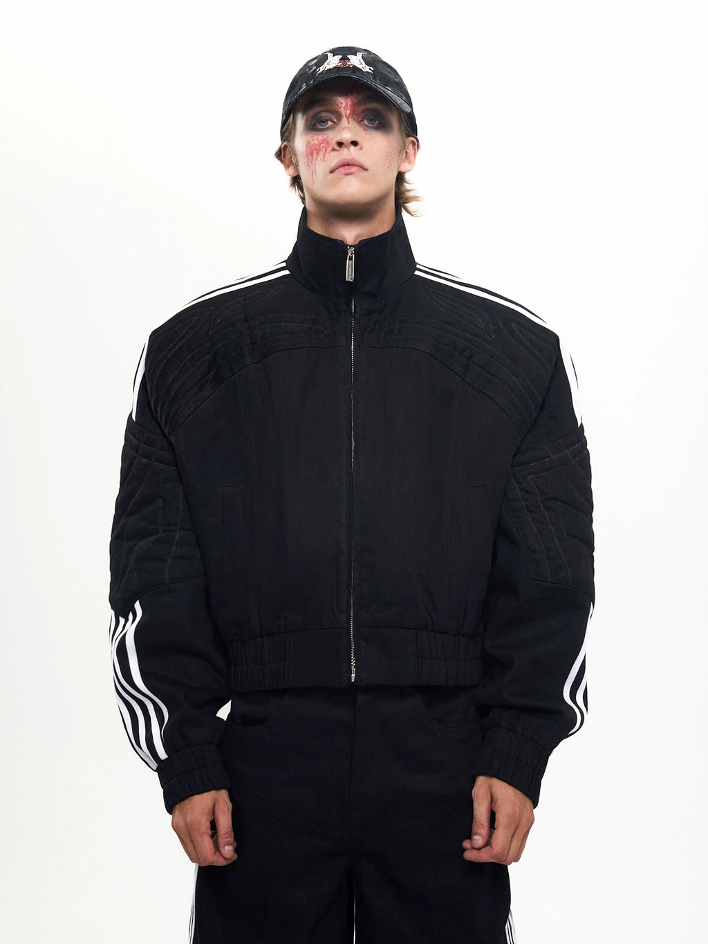 STARTEXCEEDEND Four-bar Spliced Stand-up Collar Jacket