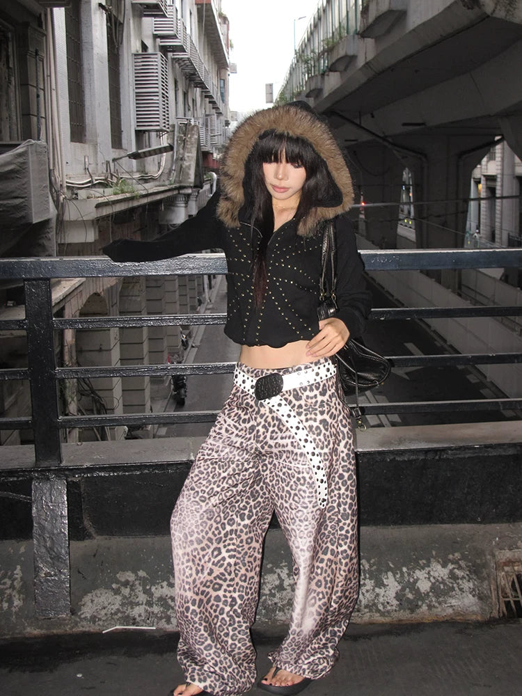 EAHO Fur Collar Rice Rivet Hooded Sweater