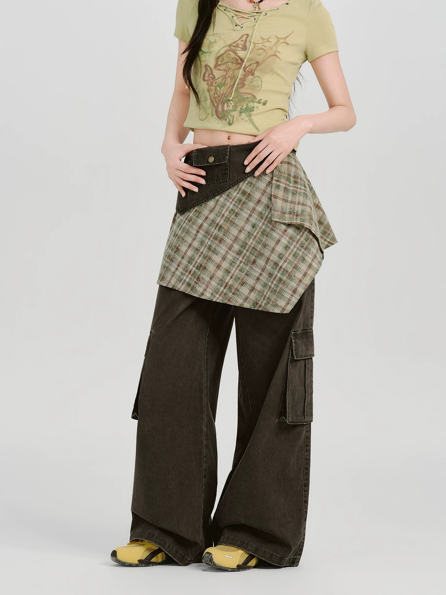 Girlyhalo Vintage Checked Fart Curtain Loose Wide Leg Pants