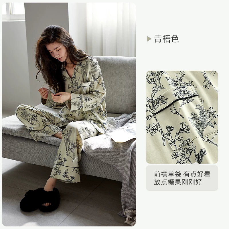 YUENEI Modal Chinese Style Long-sleeved Trousers Pajamas
