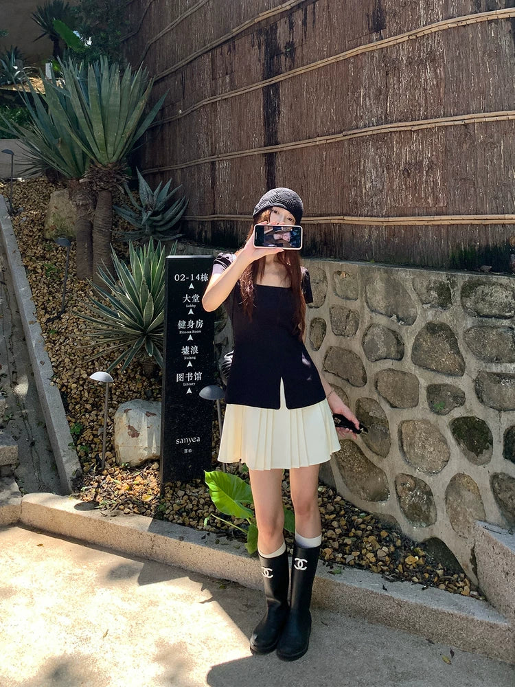 YOUNG KYLIN Contrasting Splicing Fake Two-piece Pleated Dress