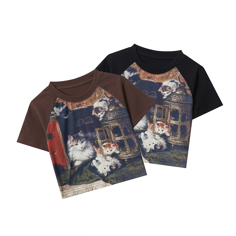 Nariele Cat Digital Print Button Tee