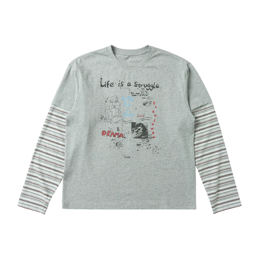 SAXGENWON Graffiti Print Striped Fake Two-piece Long Sleeve