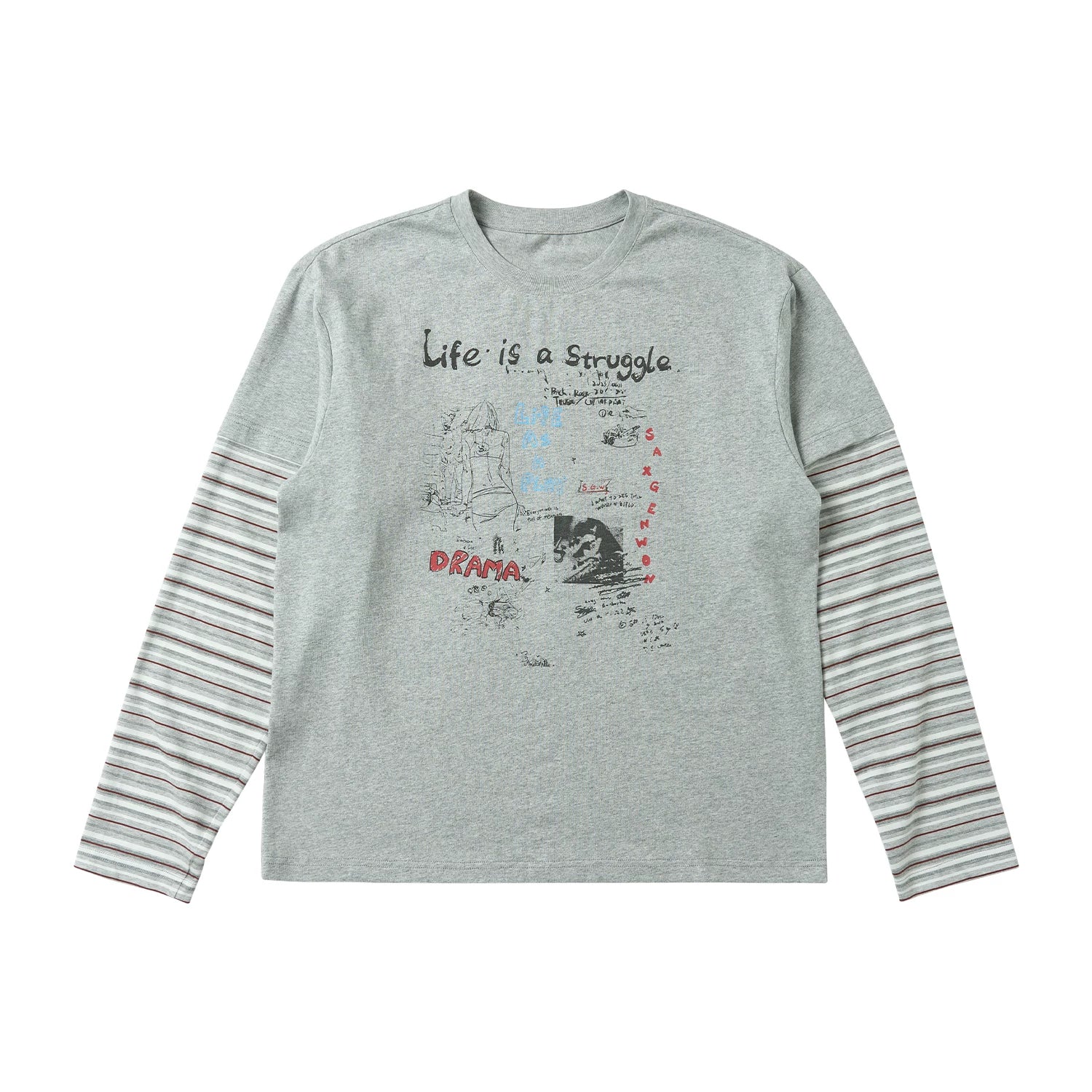 SAXGENWON Graffiti Print Striped Fake Two-piece Long Sleeve
