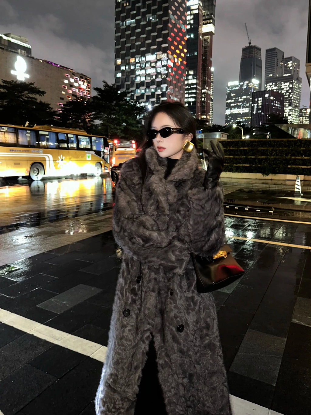 CHUYUQI Extravagant Warm Wool Coat Stand-up Collar Imitation Fur