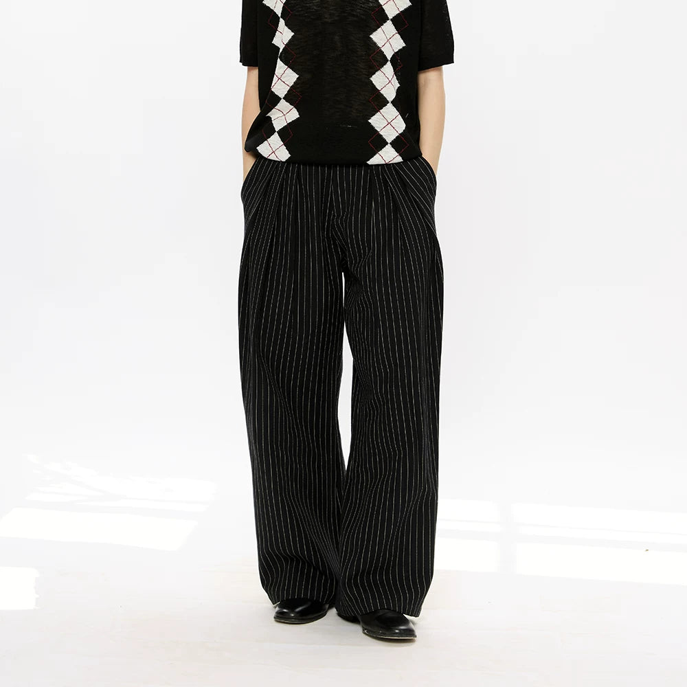 KREATE Striped Linen Pleated Texture Drape A Word Casual Trousers