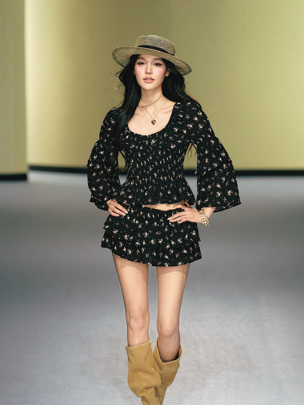 AGAM Double-layer Lotus Leaf Sleeve Floral Top Skirt Set