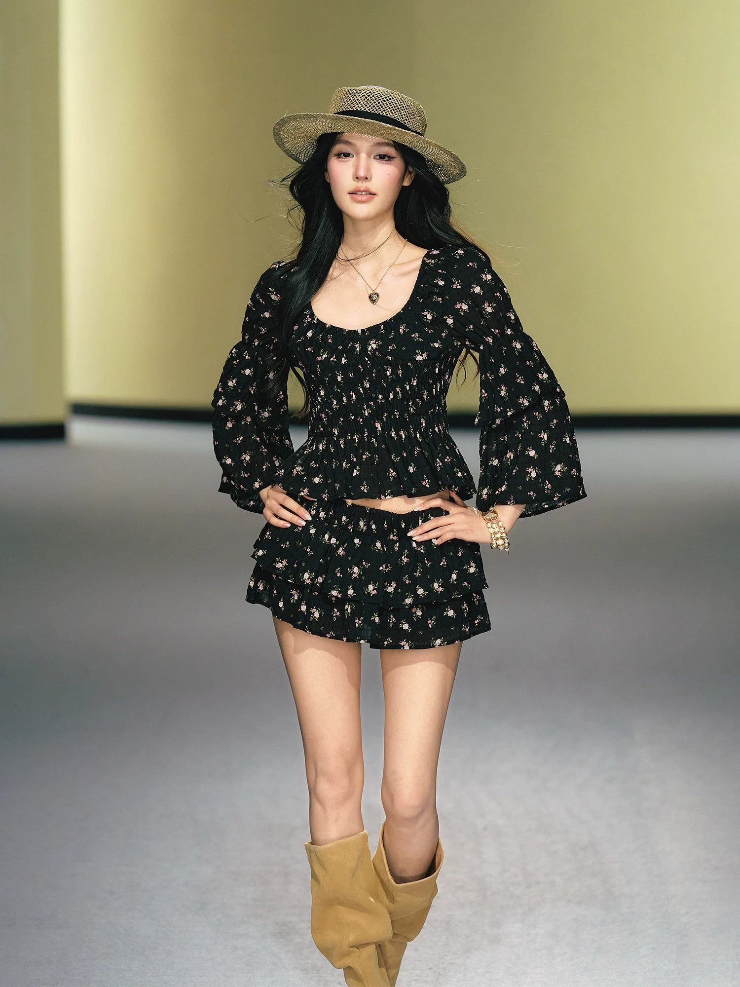 AGAM Double-layer Lotus Leaf Sleeve Floral Top Skirt Set