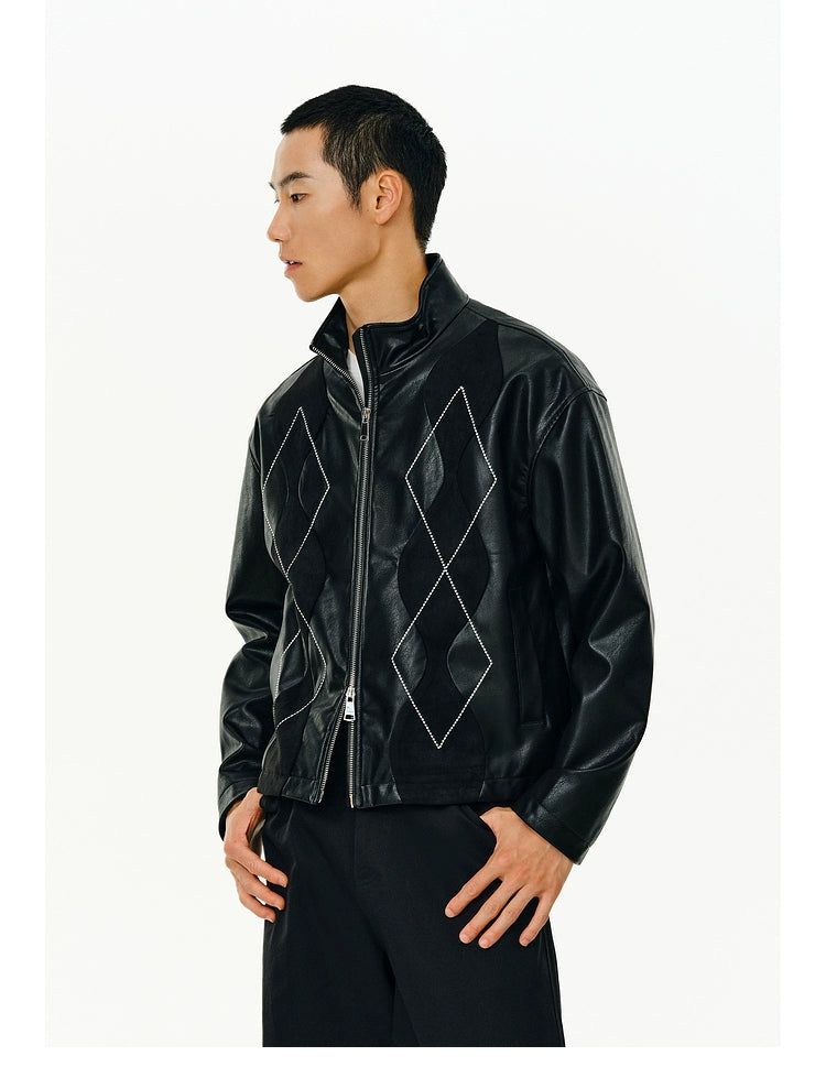ATRY Retro Ruffian Handsome Rhombus Stitched Suede PU Locomotive Jacket