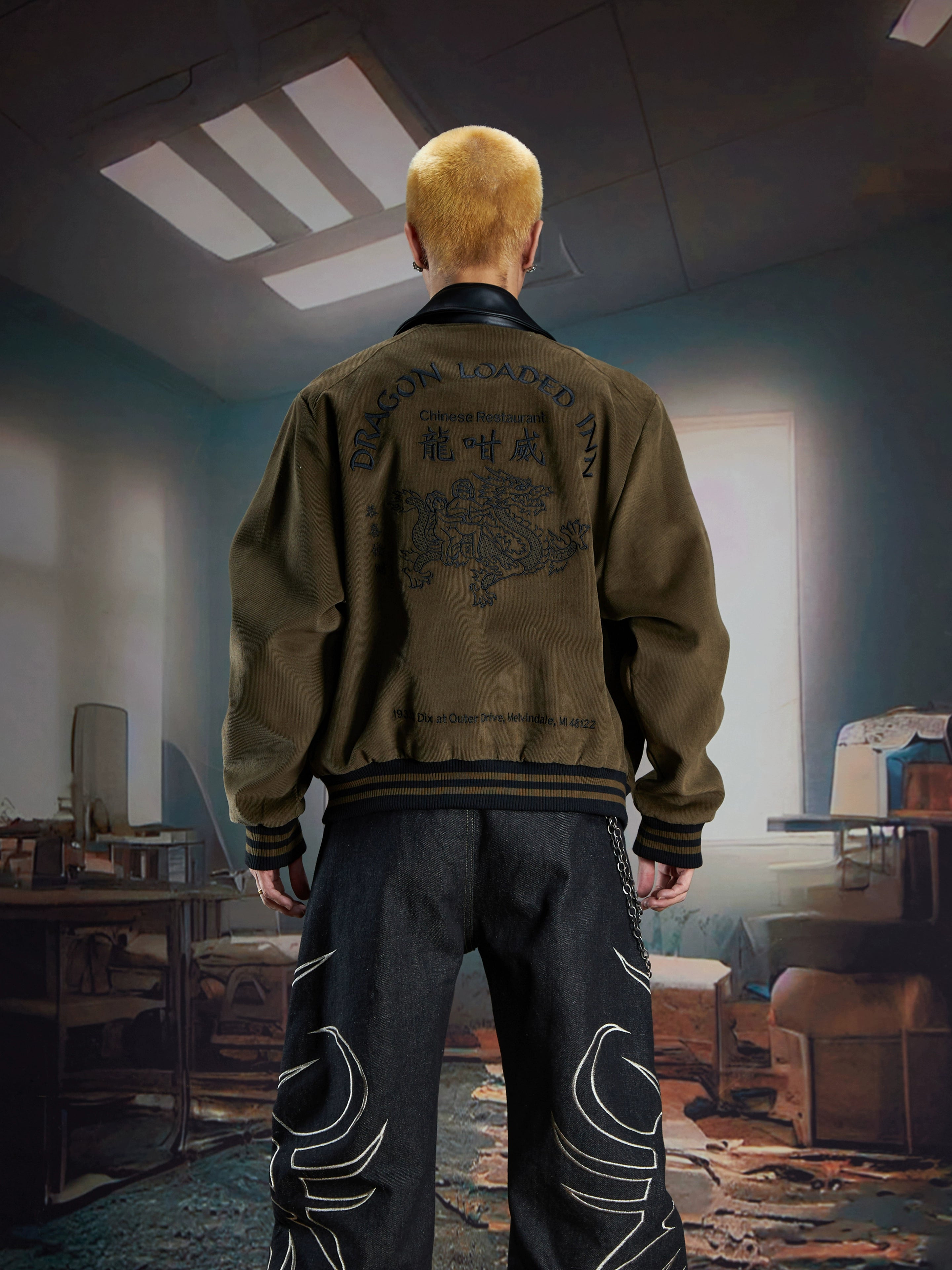 NOMANIAI Embroidered Text Totem Vintage Corduroy Jacket