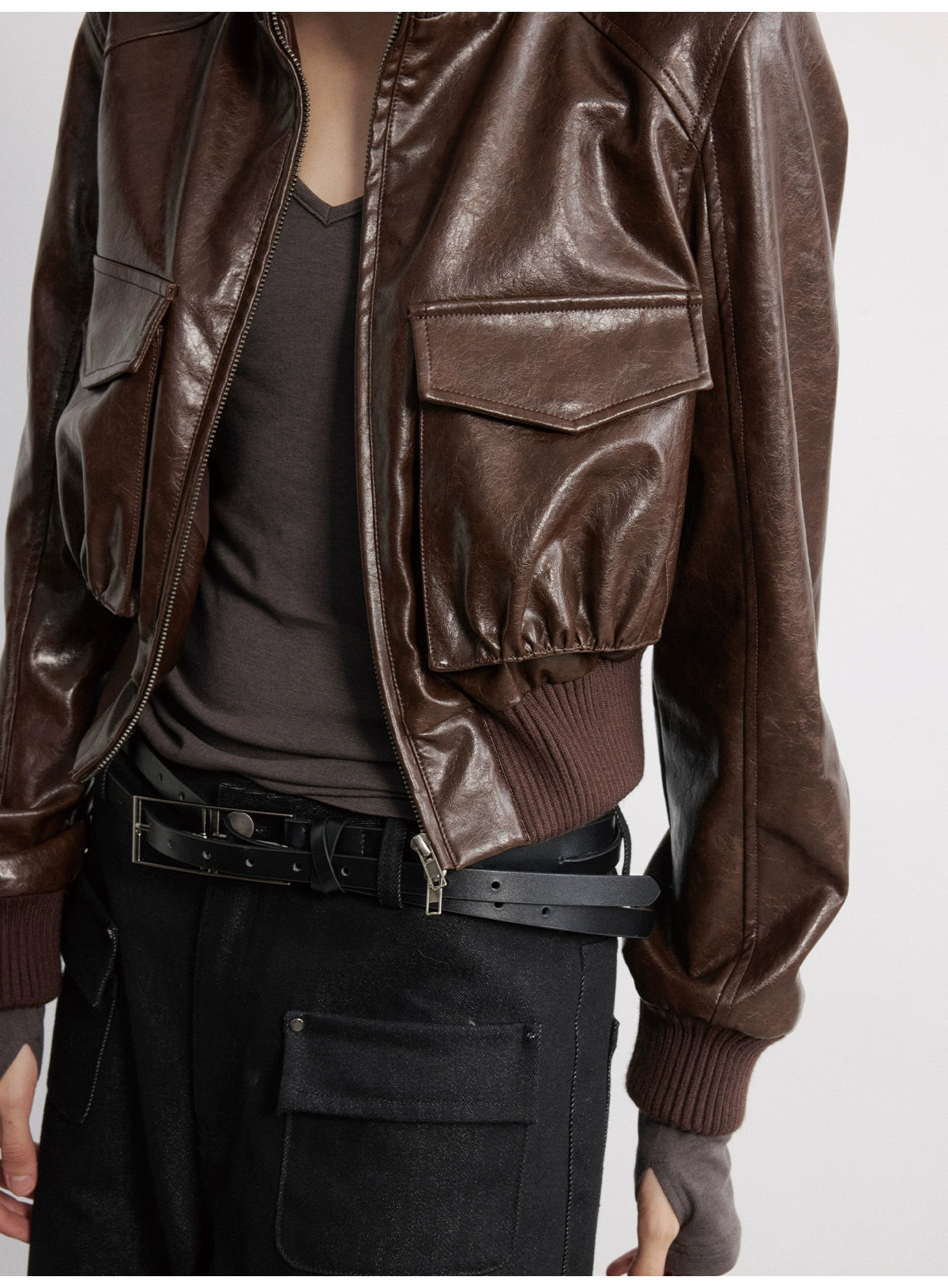 JCAESAR WOMEN Pleated Short Leather Jacket