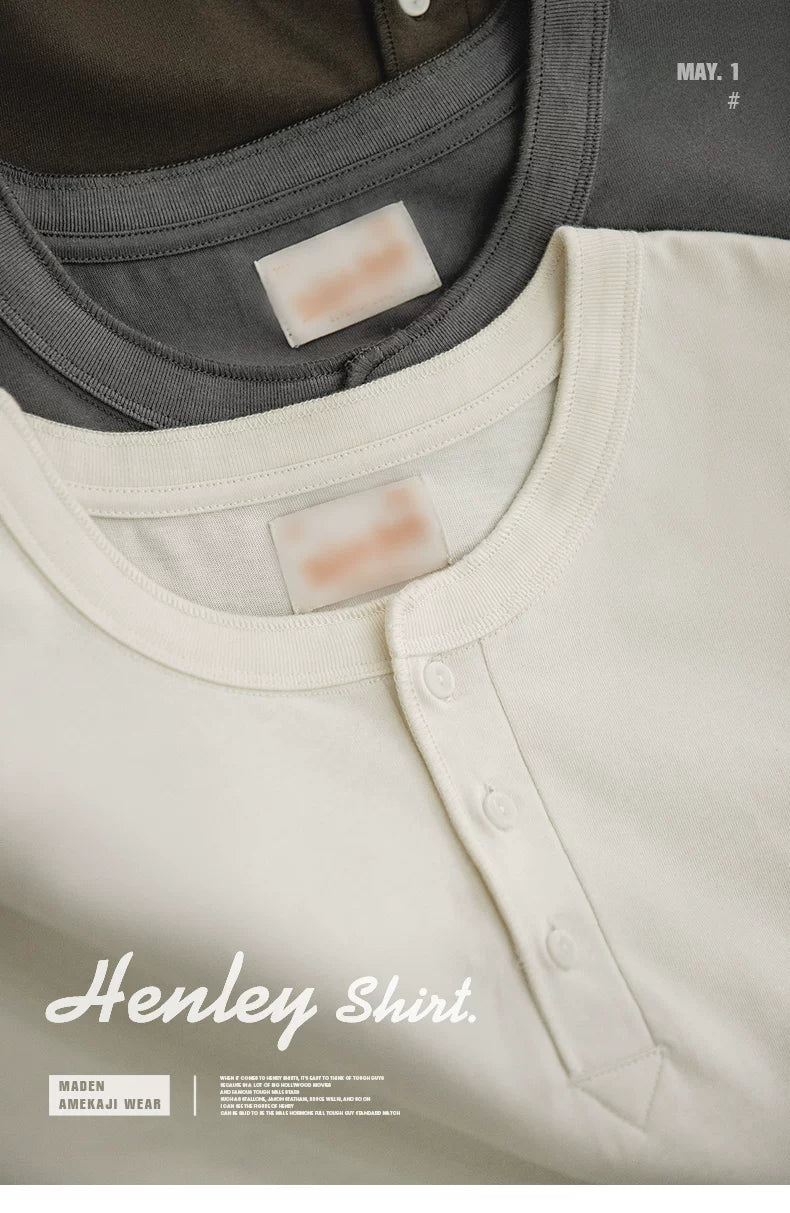 Madden heavy Henry collar short-sleeved pure cotton old money Ami Kaji T-shirt Henry shirt men's