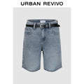 URBAN REVIVO Retro Cat Whisker Washed Belt Denim Shorts