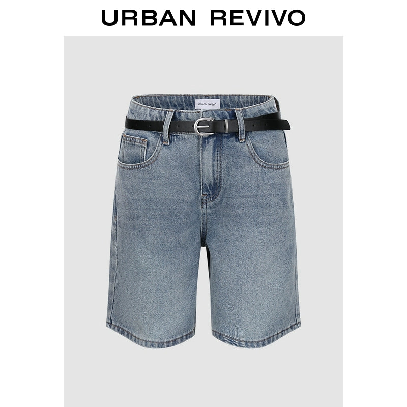 URBAN REVIVO Retro Cat Whisker Washed Belt Denim Shorts