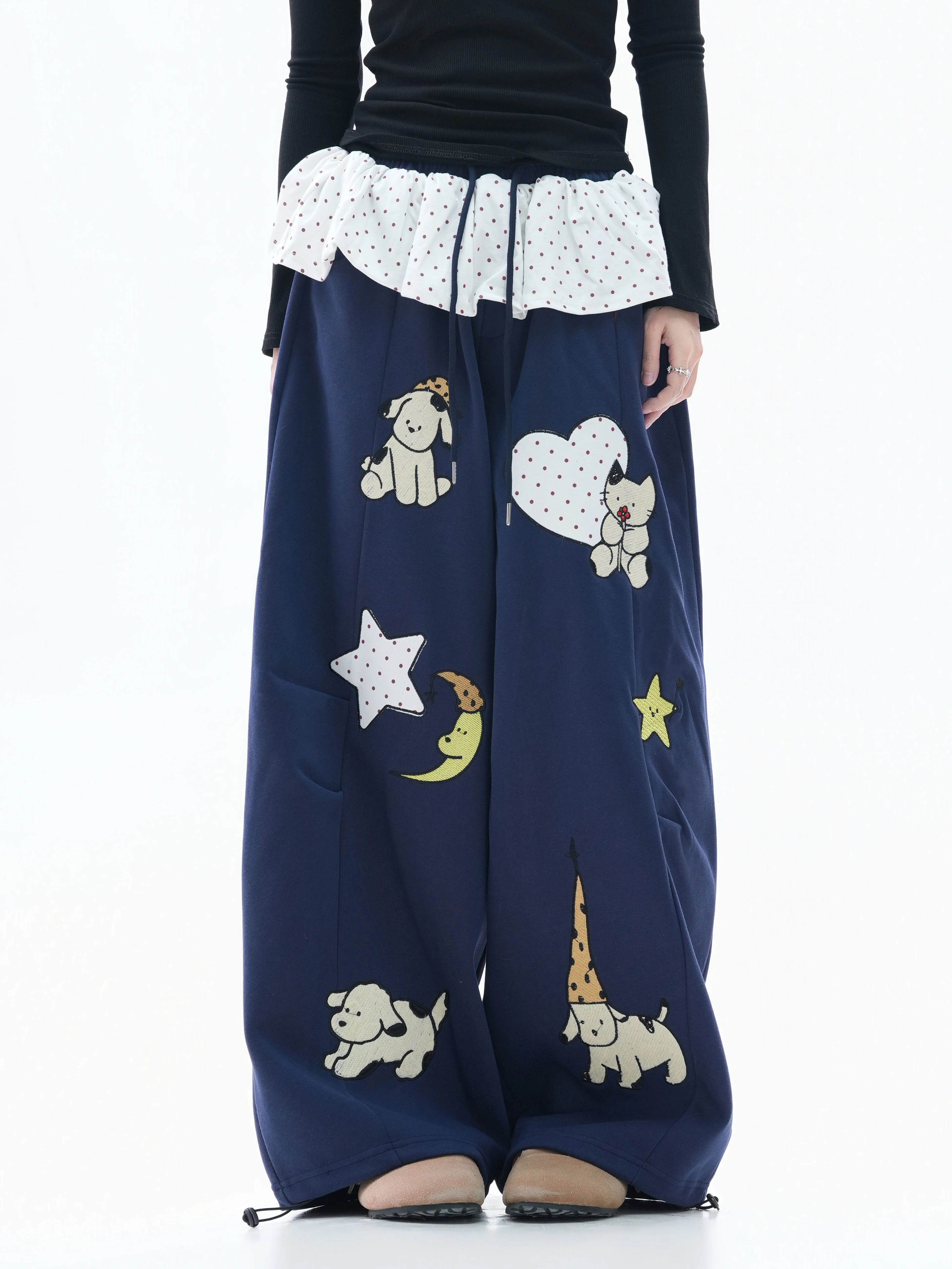 Zuocisankon Polka Dot Fart Curtain Cartoon Embroidered Sweatpants