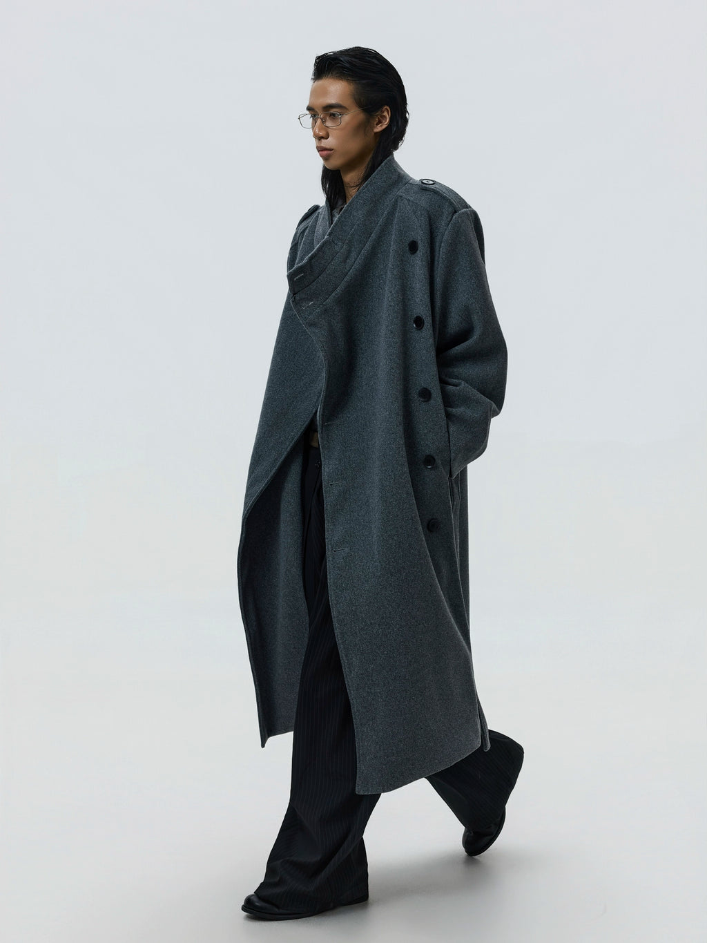 BTSG Double-breasted Stand-up Collar Long Woolen Coat