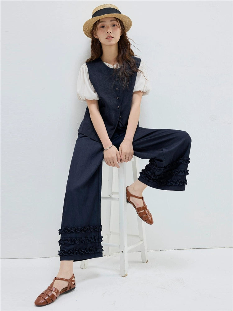 Giordano Denim Spliced Lace Wide Leg Casual Pants