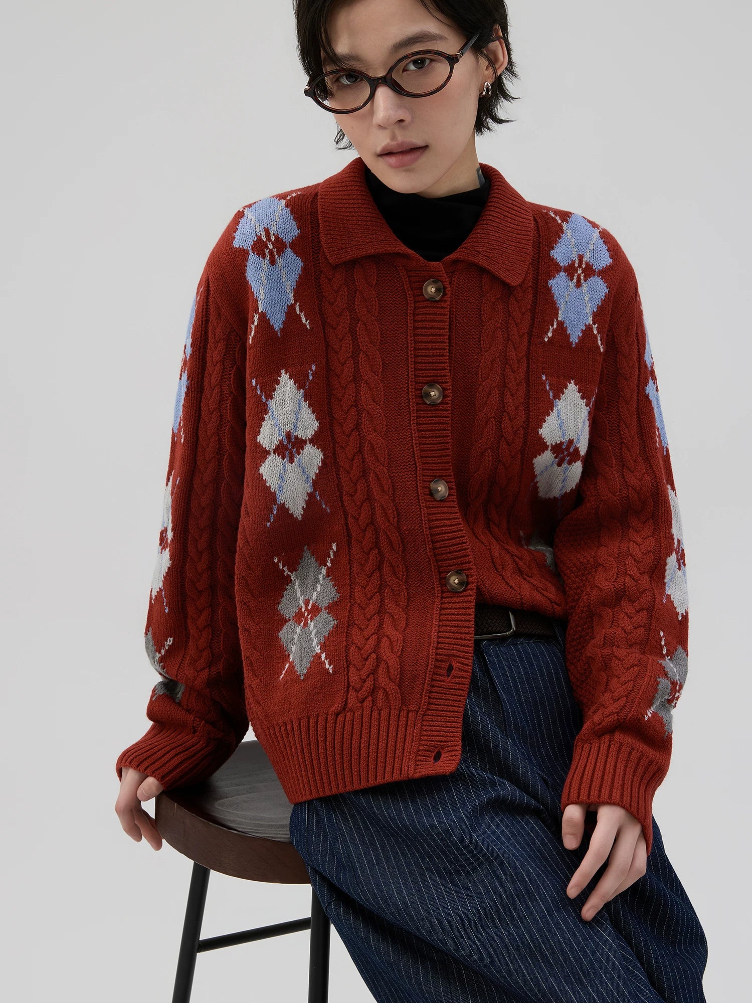 Sameuoo Rhombus Twist Knitted Sweater