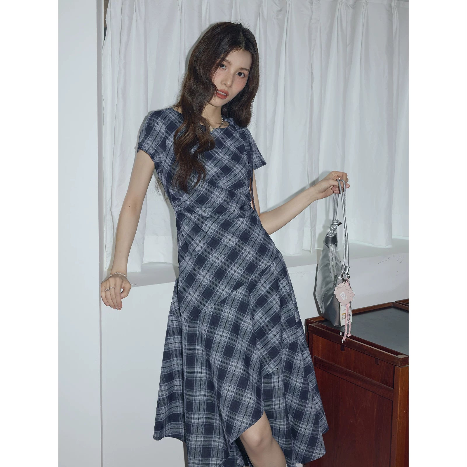 XUJING Retro Drape Irregular Plaid Dress