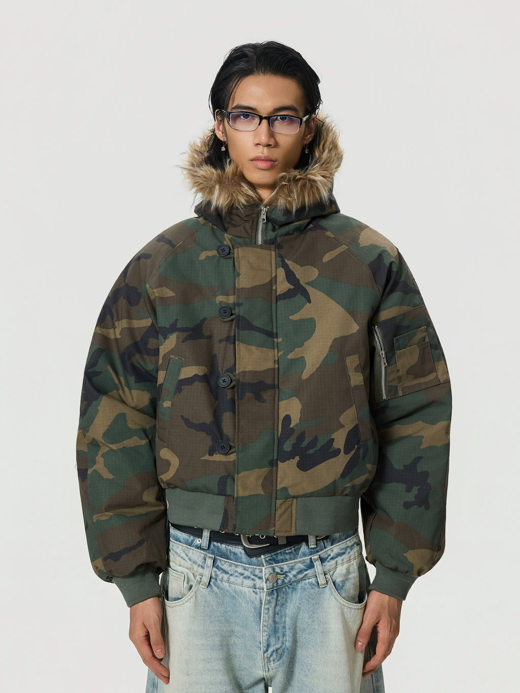 BTSG Camouflage Fur Collar Zip Jacket Cotton