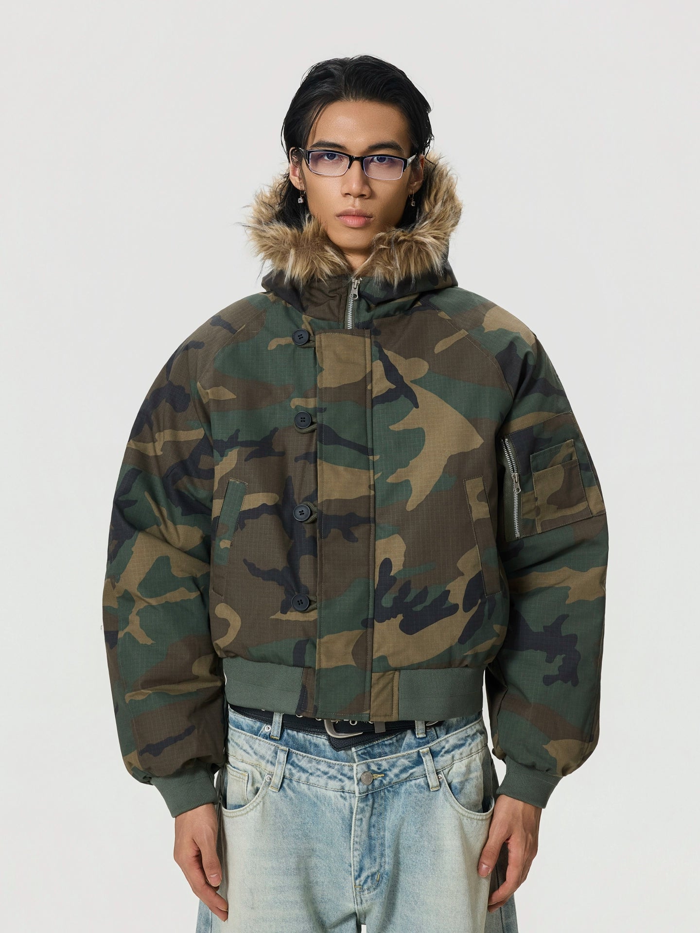 BTSG Camouflage Fur Collar Zip Jacket Cotton