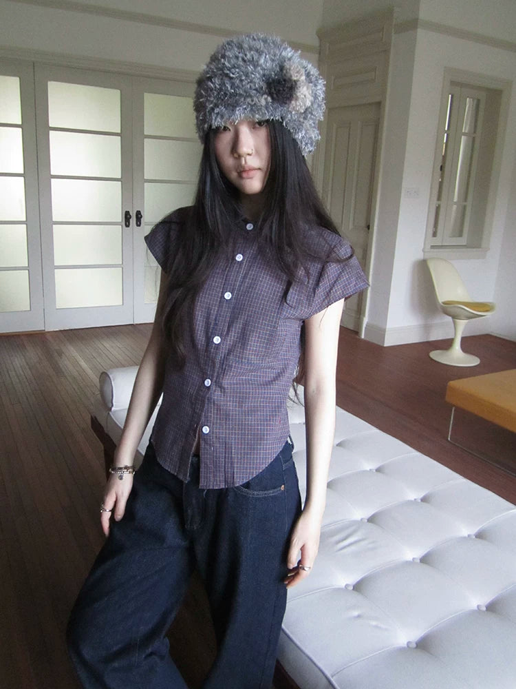 Ang:project Vintage Plaid Waist Pressed Pleated Embroidery Short Tee