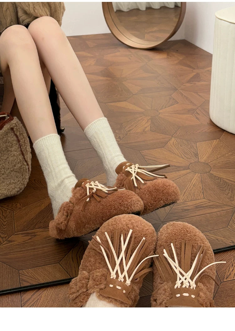 CHRNDXEE Leather Fringed One-pedal Flat-soled Fluffy Shoes