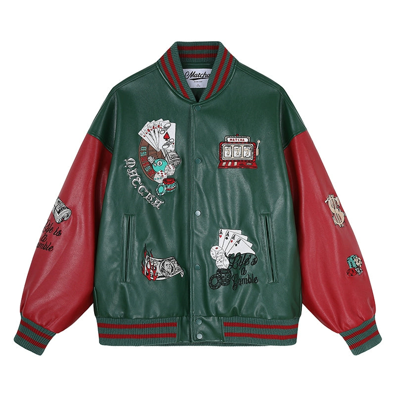 MATCHA STORY PU Leather Heavy Industry Embroidered Baseball Jersey
