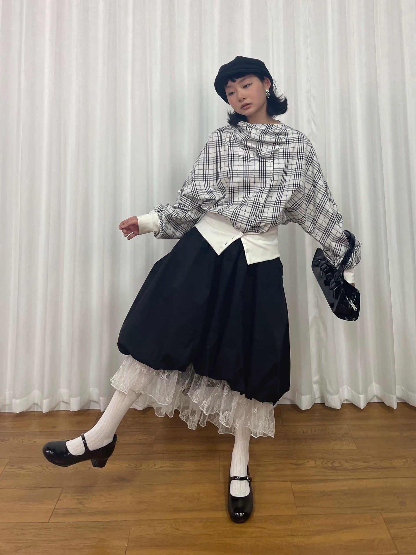 Loosesmell Plaid Pleated Collar Long-sleeved Shirt Jacket