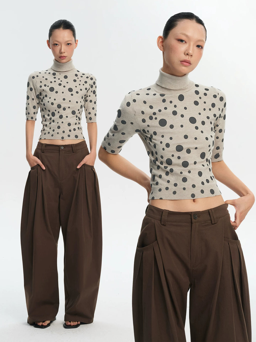 LINY LIBERTY Vintage Irregular Polka Dot Print Turtleneck Tee