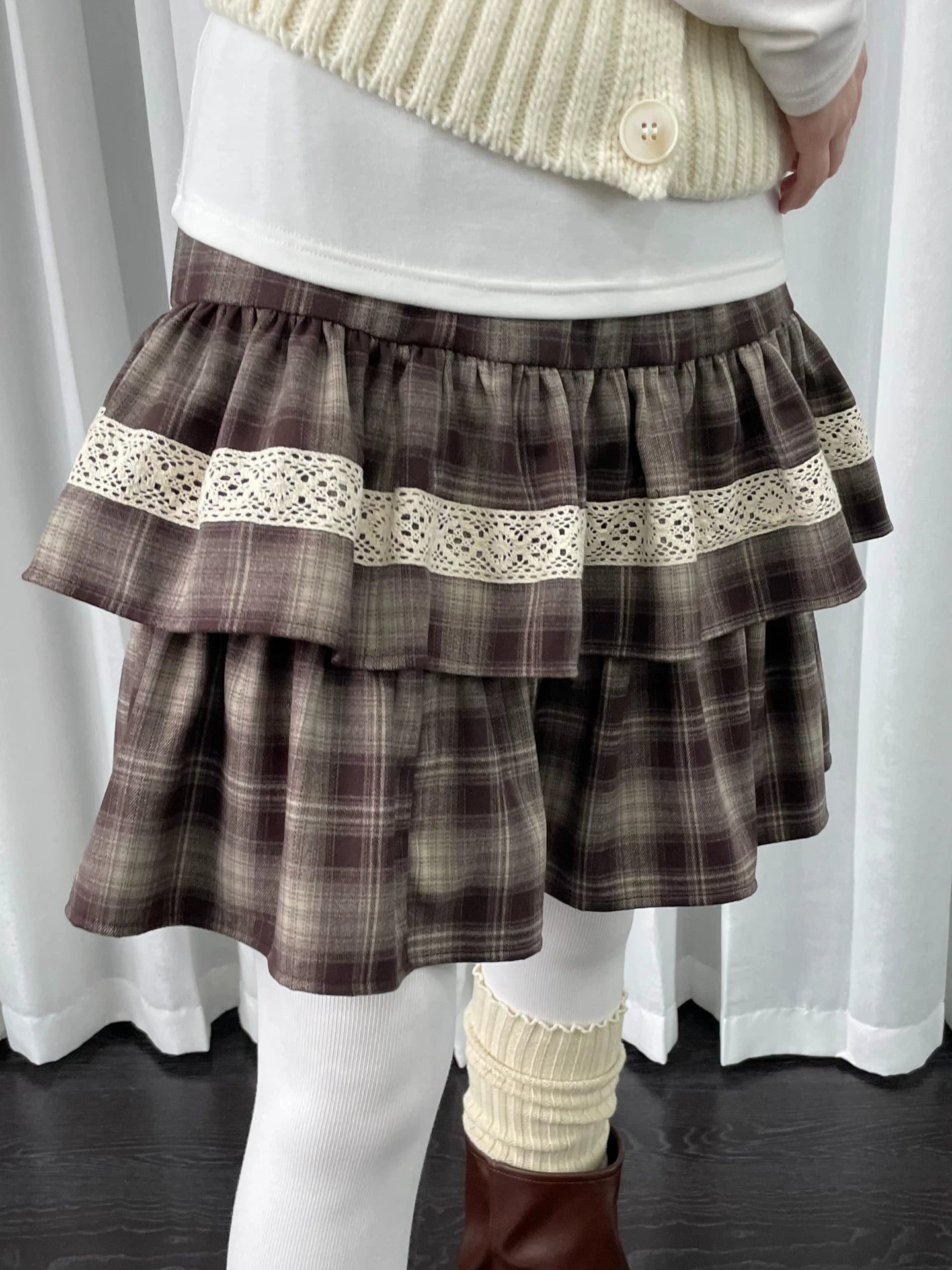 Loosesmell Plaid Patchwork Lace Double Dress