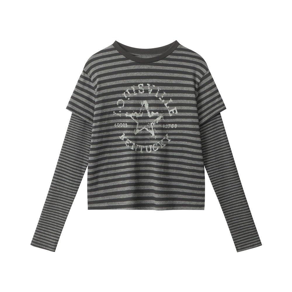 Nariele Vintage Striped Fake Two Piece Short Long Sleeve