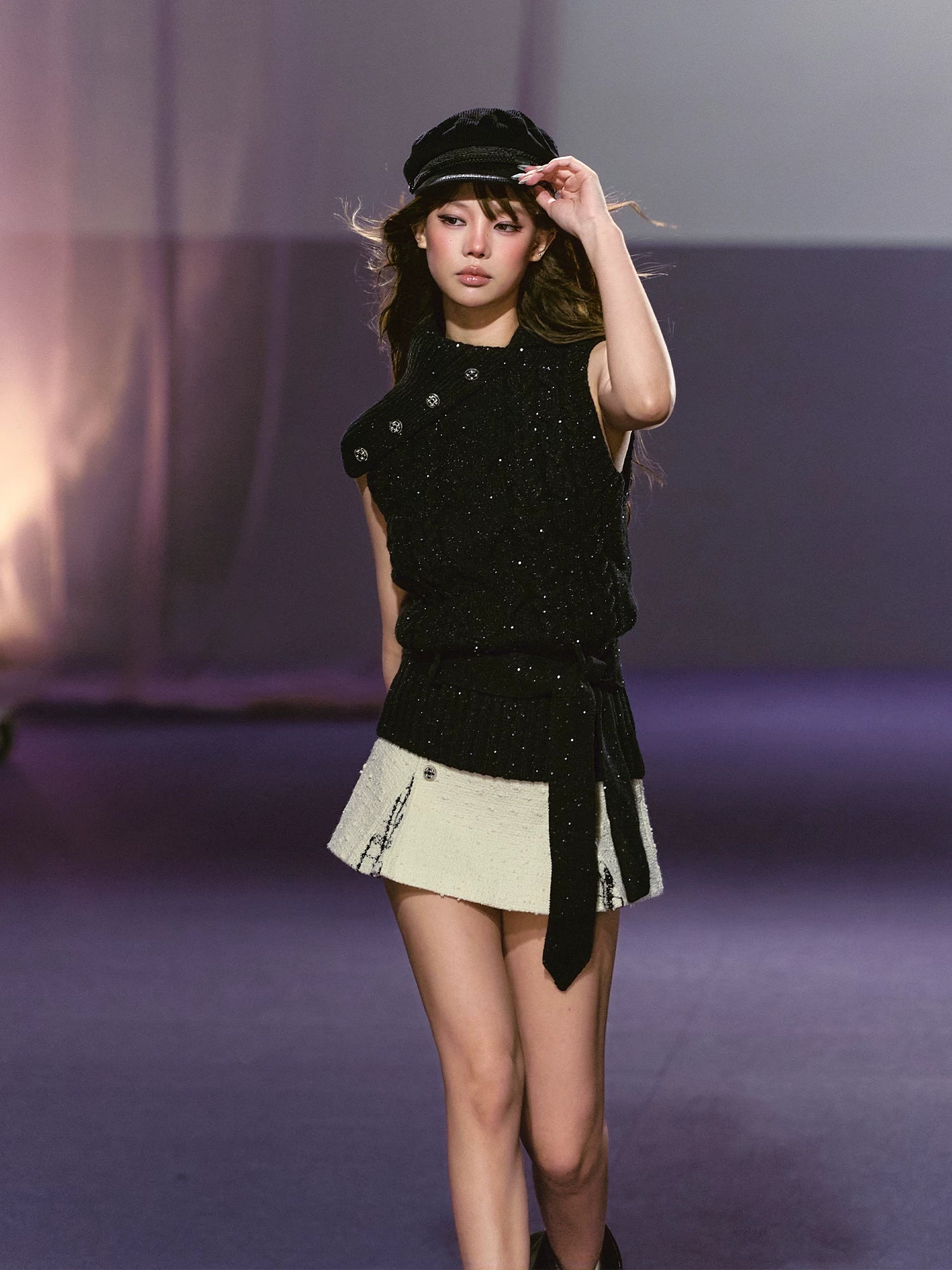 AGAM Double-breasted Spliced Pleated Skirt