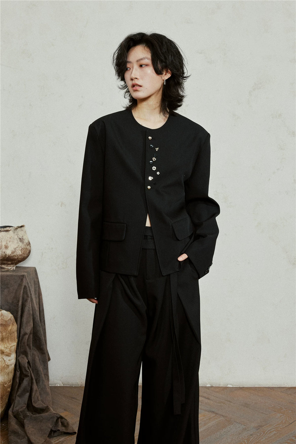 SUNYVONNE Short Irregular Button Casual Jacket