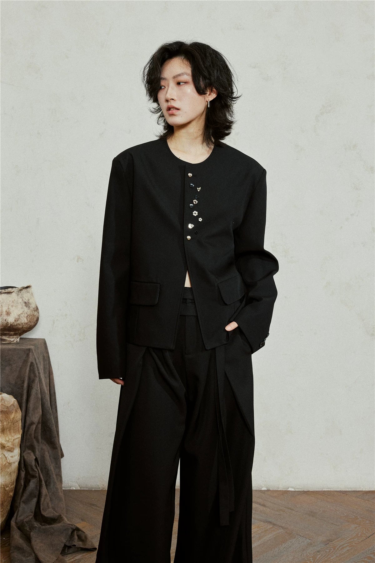 SUNYVONNE Short Irregular Button Casual Jacket
