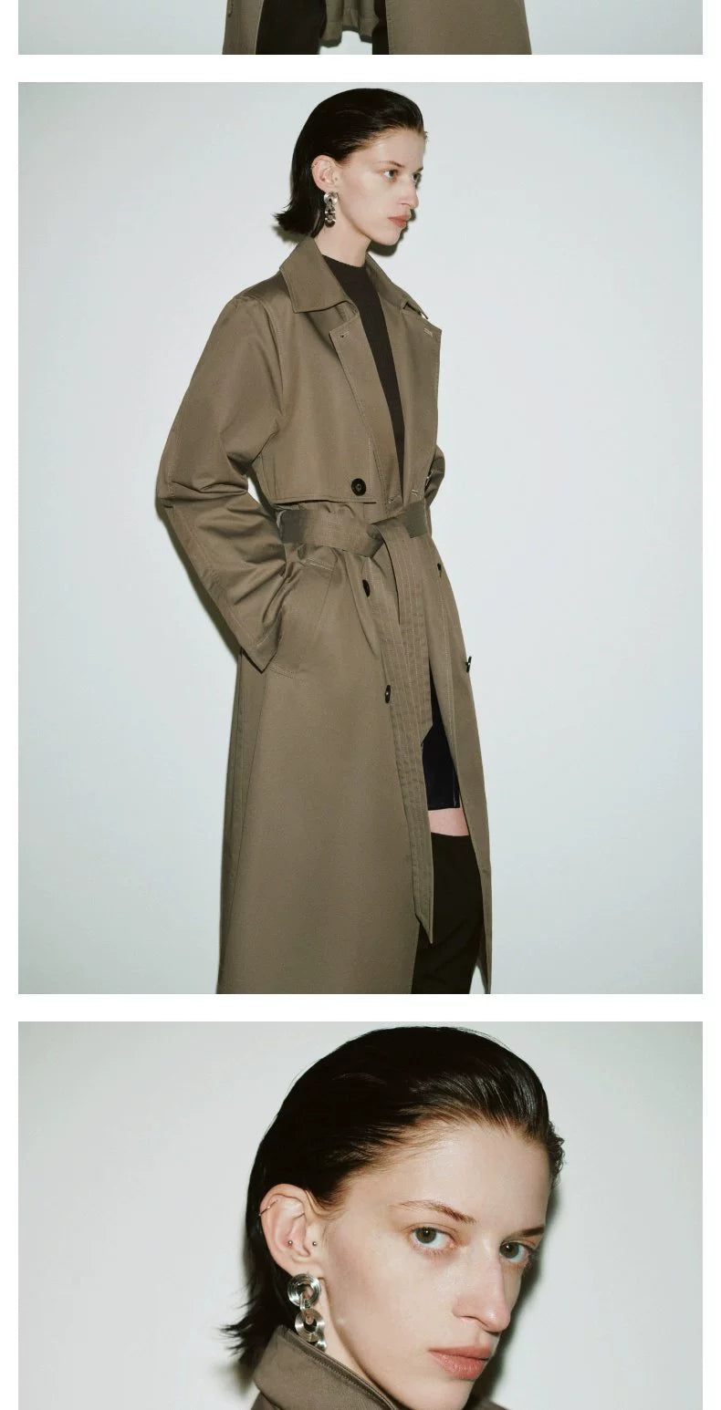 URBAN REVIVO Temperament British Style Double-breasted Waist Long Trench Coat