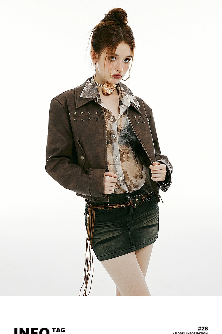 IMONE Vintage Rivet Short Leather Jacket