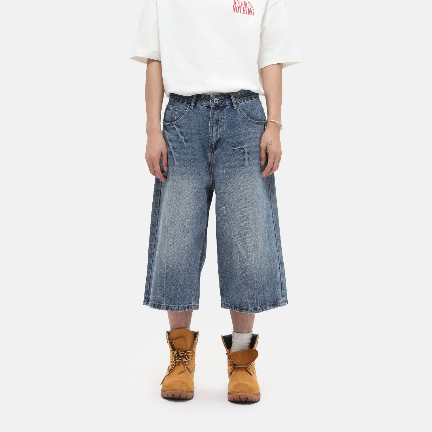 MTLCLOTHES Lightning-pattern Polished White Denim Shorts