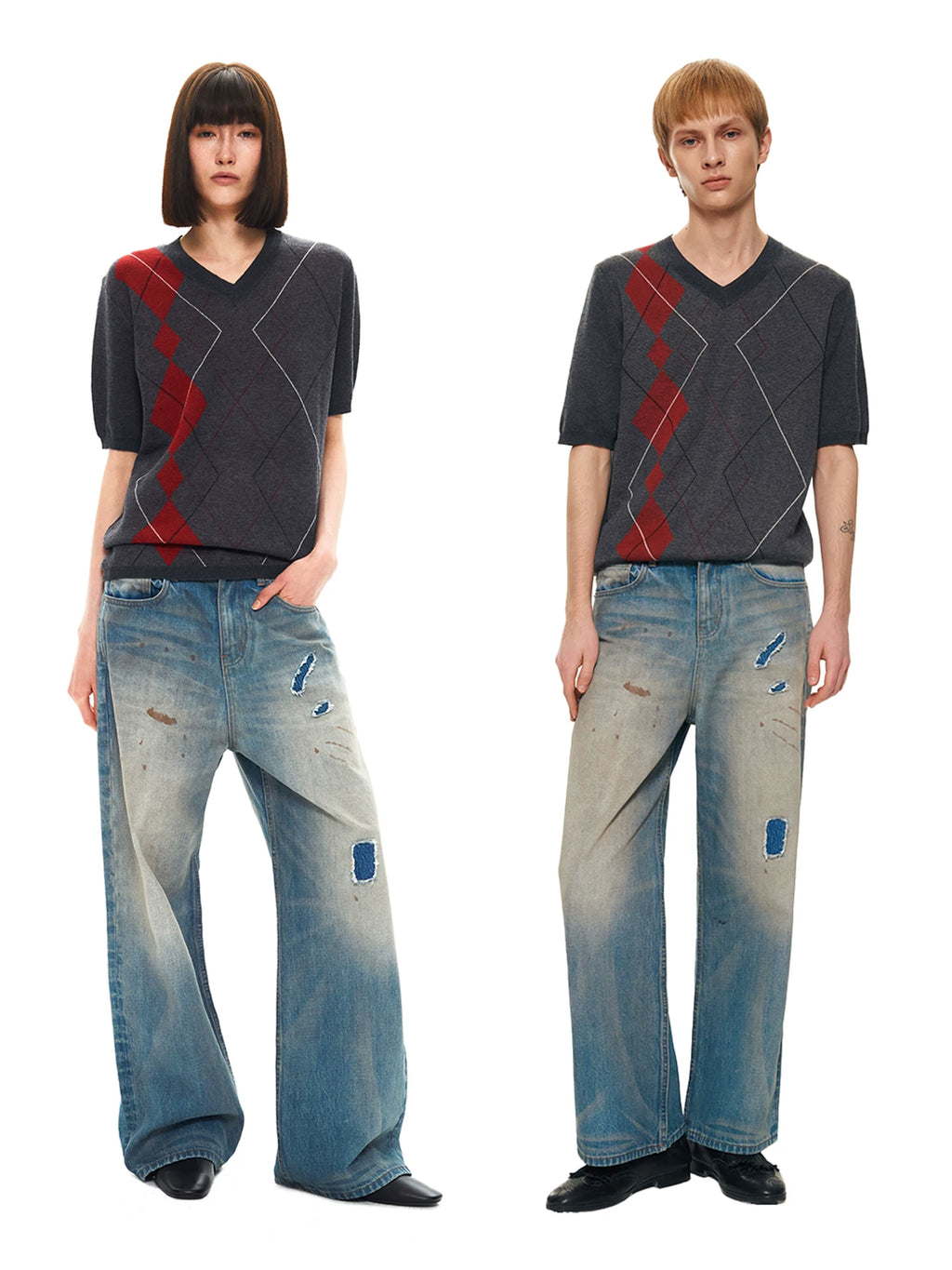 Slight Vogue Contrast Rhombus Splicing V-Neck Wool Tee