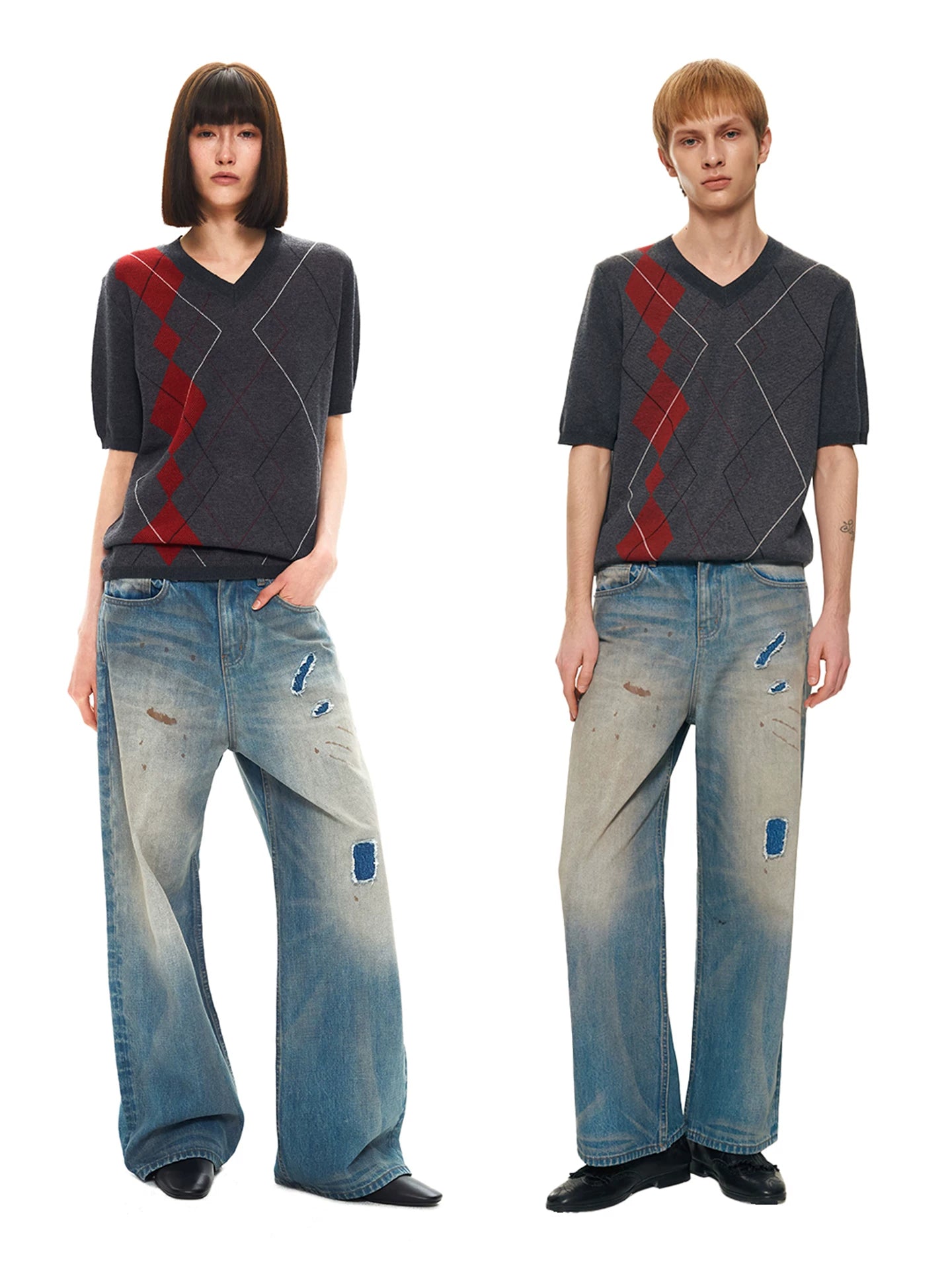 Slight Vogue Contrast Rhombus Splicing V-Neck Wool Tee