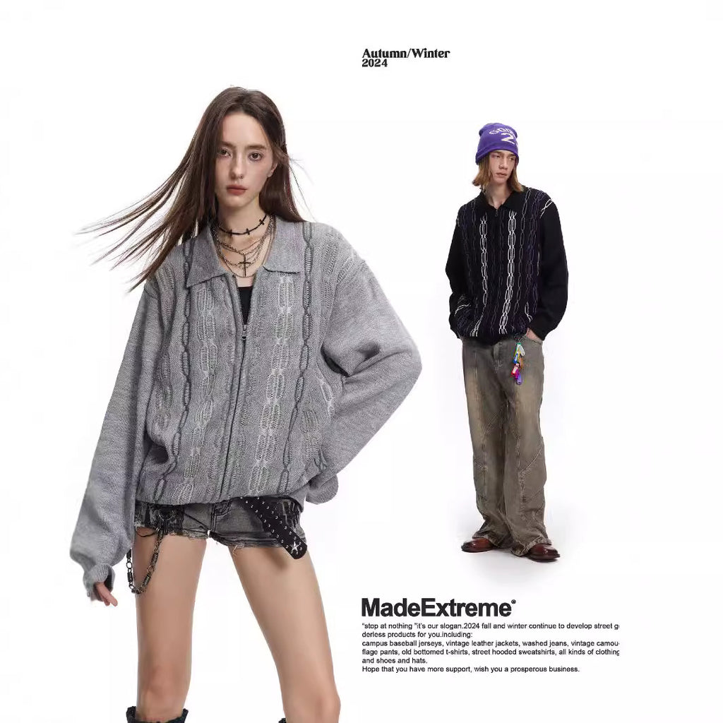 MADEEXTREME Jacquard Thick Needle Premium Zipper Knitted Sweater