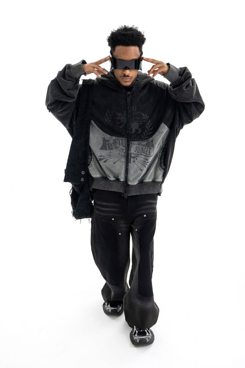SUPER WAY Vintage Stitching Digital Print Hooded Sweater