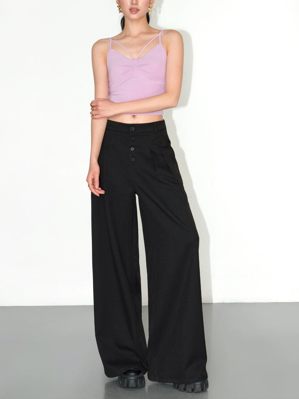 NEVA HU Casual High-waisted Drape Loose Straight Floor Pants