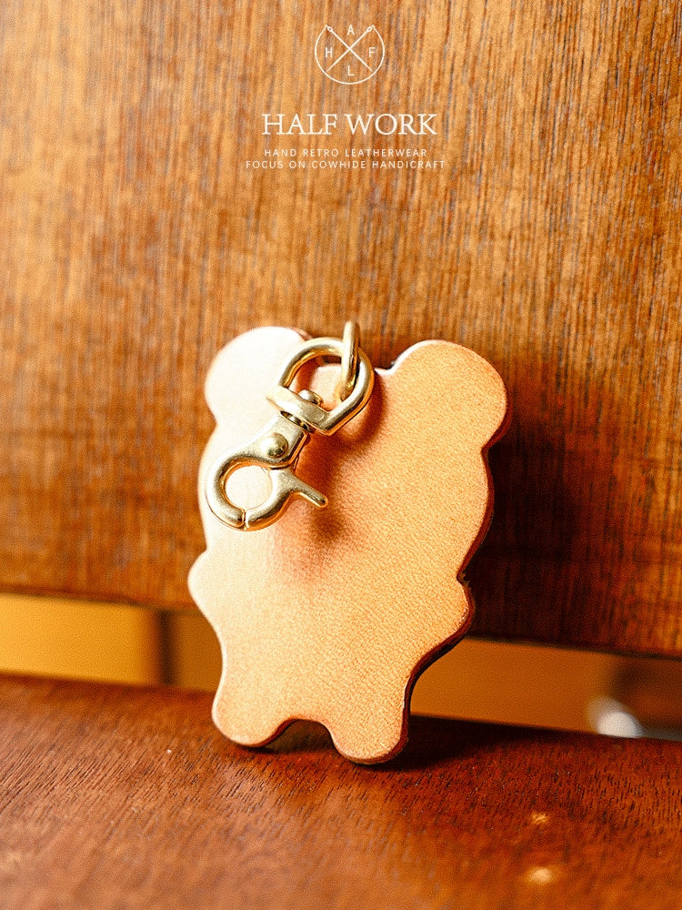 HALF WORK cowhide bear biscuit pendant, genuine leather retro handmade creative bag cute pendant