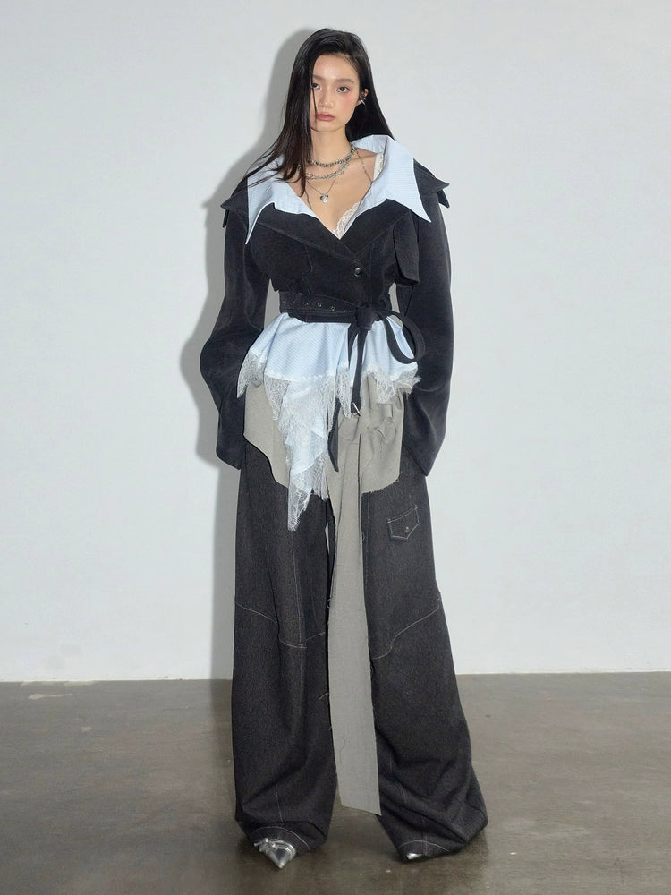 JNYLON Vintage Fake Two-Piece Lace Removable Silhouette Short Jacket