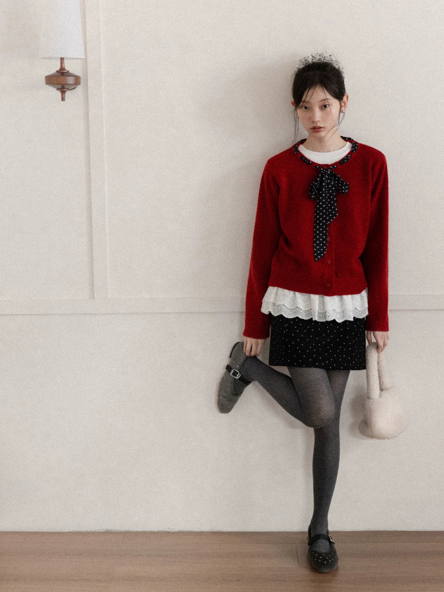 Cantonstory Polka Dot Silk Scarf Crew Neck Knitted Cardigan Sweater