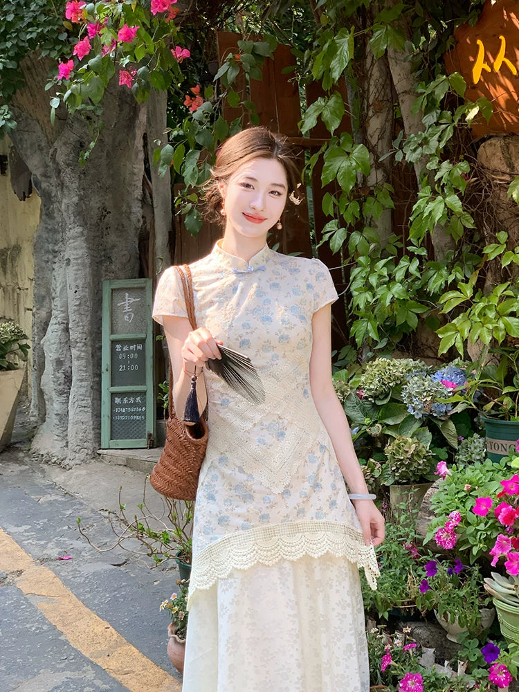 ZIHE Fake Two-piece Lace Floral Holiday Dress